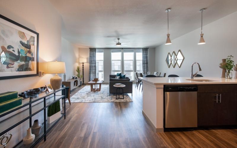 a kitchen with a wood floor